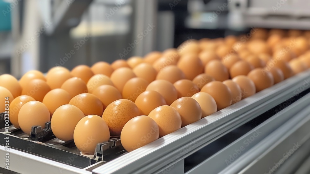 Automated egg grading machine in operation, sorting eggs into different quality categories Automated egg grading machine in operation, sorting eggs into different quality categories