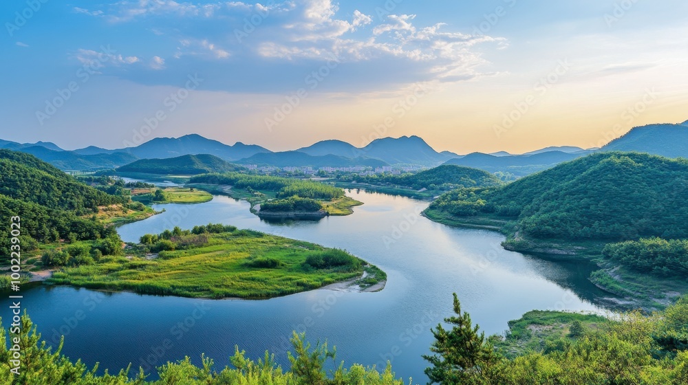 A panoramic view of the scenic Seomjin River in Jeollanam-do, with lush landscapes and tranquil waters. A panoramic view of the scenic Seomjin River in Jeollanam-do, with lush landscapes and tranquil waters.