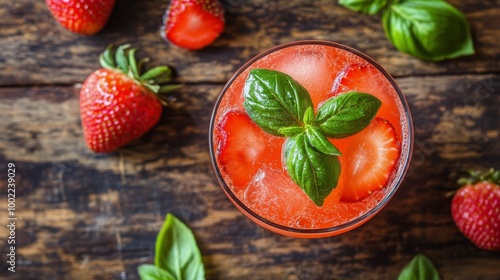 Refreshing strawberry basil drinks on a wooden table with fresh ingredients