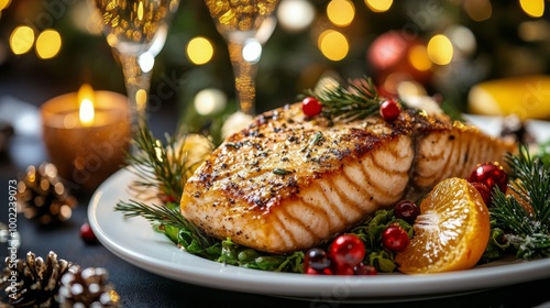 Grilled salmon fillet garnished with herbs and festive decorations during a h...