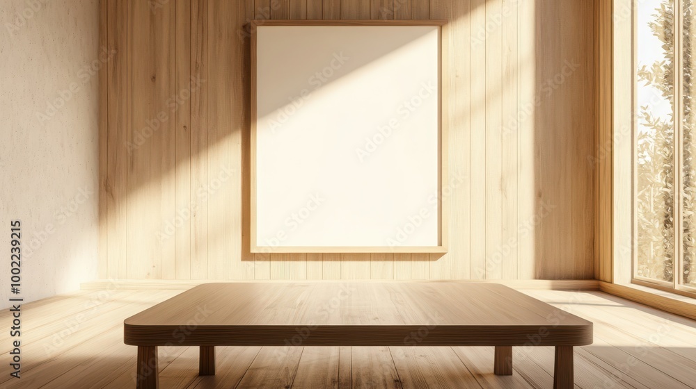 Fototapeta premium Mock up frame in a spacious boardroom with only a wooden table and soft beige walls, 3D render 