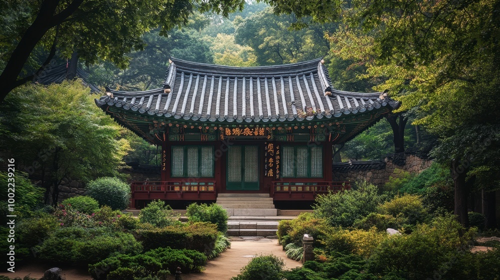 A peaceful moment at the tranquil Bongeunsa Temple in Seoul, surrounded by lush gardens and traditional architecture. A peaceful moment at the tranquil Bongeunsa Temple in Seoul, surrounded by lush gardens and traditional architecture.