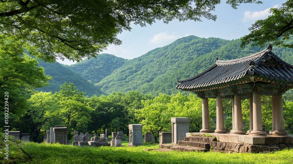 A picturesque scene of the ancient tombs at Daereungwon in Gyeongju, surrounded by lush greenery. A picturesque scene of the ancient tombs at Daereungwon in Gyeongju, surrounded by lush greenery.