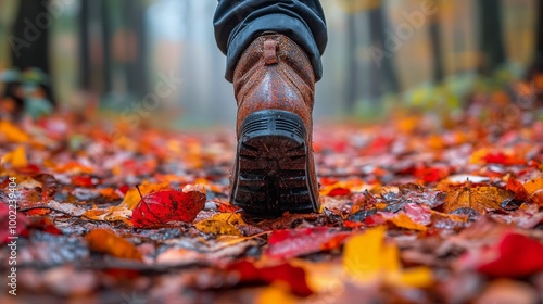 Walking through colorful autumn leaves on a misty forest path in the morning ...