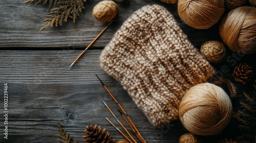 Knitted sock with colorful yarn and tools on a textured surface in a craft wo...