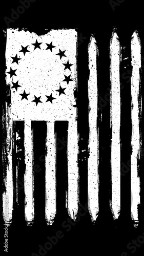 VERTICAL AMERICAN DISTRESSED BETSY ROSS FLAG WHITE AND BLACK BACKGROUND