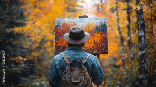 An artist captures the beauty of autumn in a serene forest setting during a s...