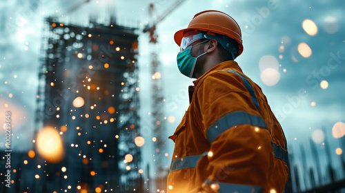 A construction worker, clad in safety gear and a high-grade dust mask, stands amidst floating glass wool particles that catch the light, with the skeletal frame of a building risin