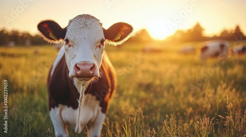 Cow standing in a sunlit field during golden hour at a rural farm