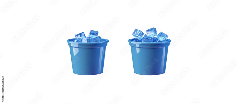 3D blue plastic bucket with ice cubes, front view, top and side views on a white background 3D blue plastic bucket with ice cubes, front view, top and side views on a white background