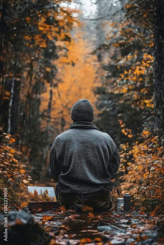 An artist paints a vibrant autumn landscape in a serene forest during golden hour