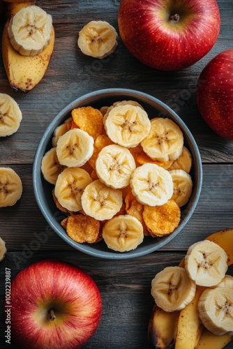 Bowl of sliced bananas surrounded by fresh red apples on wooden table