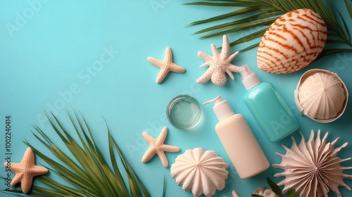Arrangement of skincare products on a blue surface surrounded by tropical ele...