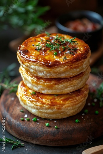 Freshly baked meat pies with herbs and tomatoes on a wooden board