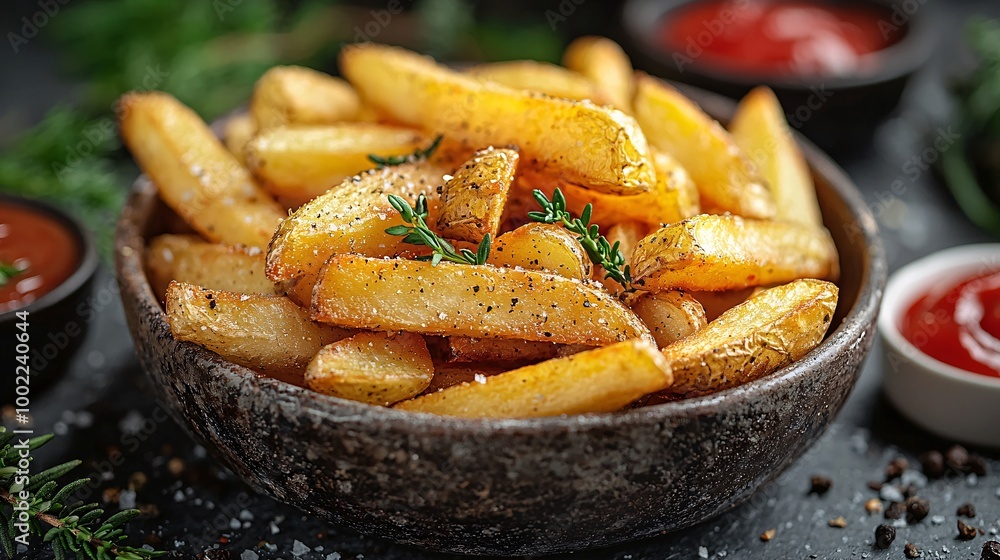 Crispy Golden French Fries in Rustic Metal Bowl with Ketchup, Appetizing Fast Food Meal Concept, Medium Shot Photo Crispy Golden French Fries in Rustic Metal Bowl with Ketchup, Appetizing Fast Food Meal Concept, Medium Shot Photo