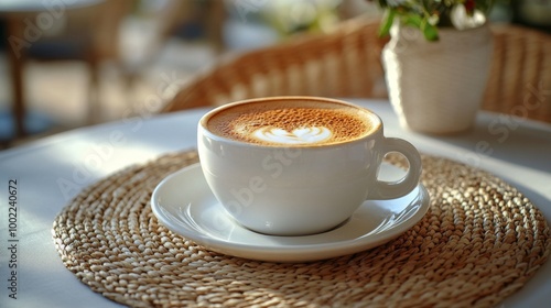 Beautiful latte art in a white cup on a wooden table in a cozy cafe