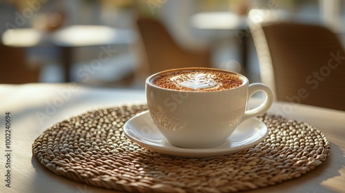 Beautiful latte art in a white cup on a wooden table in a cozy cafe