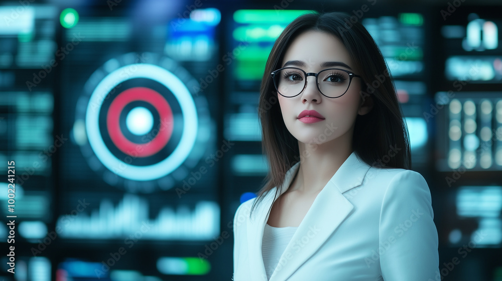 With an empowered stance, the businesswoman presents a target icon, the background filled with vibrant visuals of investment strategies and management developments, reflecting her With an empowered stance, the businesswoman presents a target icon, the background filled with vibrant visuals of investment strategies and management developments, reflecting her