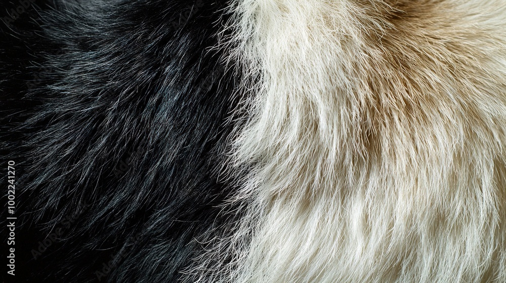 Fototapeta premium A close-up of a black and white animal's fur and a brown and white animal's fur