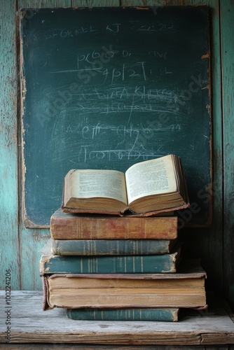 Stacked vintage books with an open book on top against a chalkboard background