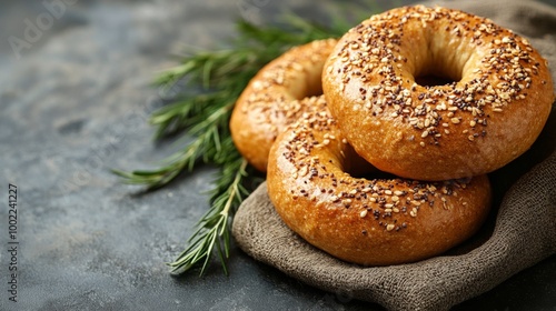 Freshly baked sesame bagel on a dark stone surface