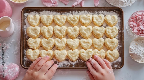 Baking heart-shaped cookies with family in a cozy kitchen during the weekend