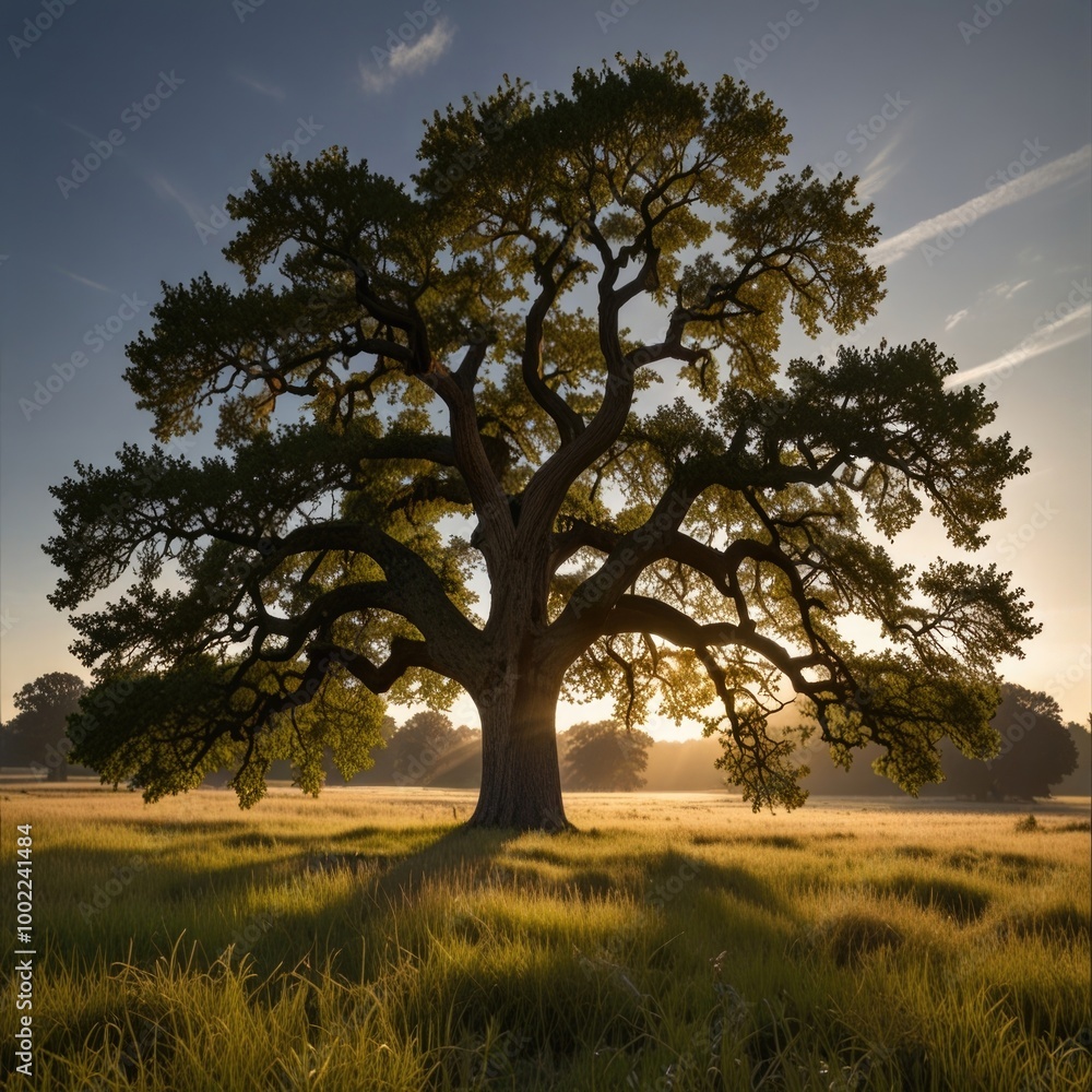 Fototapeta premium Mighty Oak Tree Standing in a Sunlit Meadow, Representing Strength and Growth in Nature