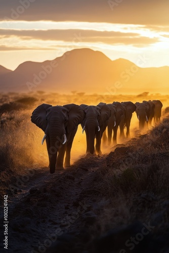 Elephants walking during sunset in a golden landscape