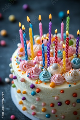 Colorful birthday cake with lit candles and sweets placed on a dark table, ce...