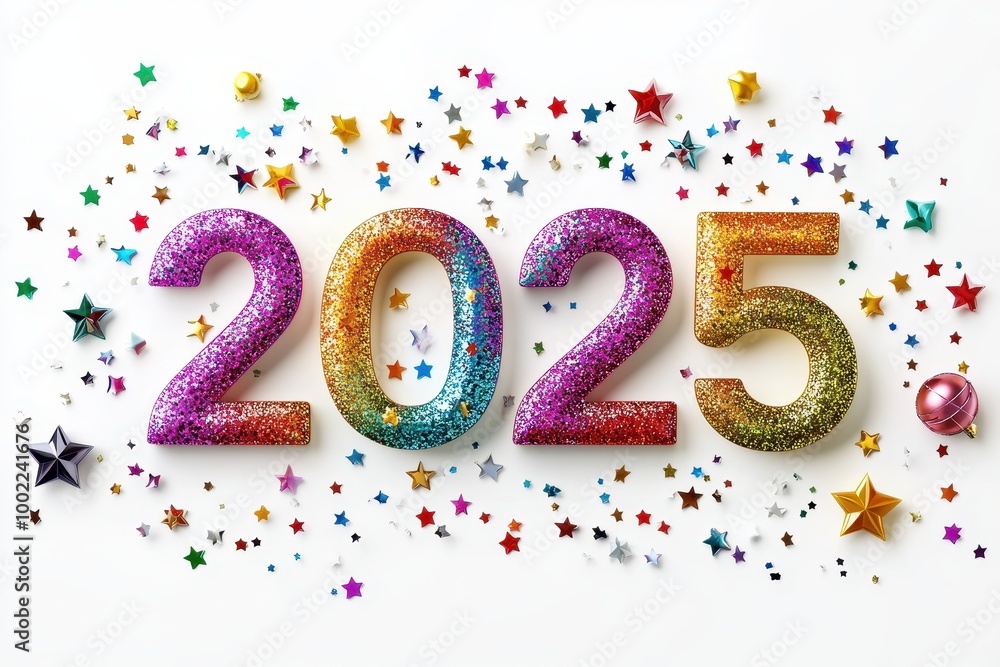 A colorful representation of the year 2025 with festive stars and decorations. A colorful representation of the year 2025 with festive stars and decorations.