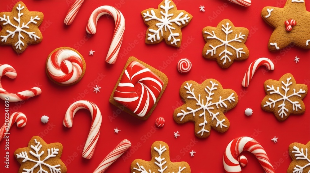 Christmas pattern with candy canes and gingerbread cookies Christmas pattern with candy canes and gingerbread cookies