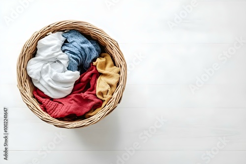 Laundry basket filled with clothes on a white floor top view Area for text. Copy space image. Place for adding text and design