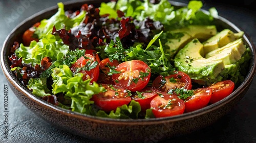 Fresh Salad Bowl with Mixed Greens, Cherry Tomatoes, and Avocado, Side of Dressing - Healthy Eating Concept