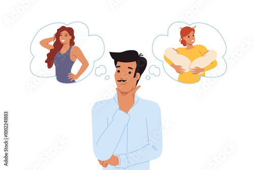 Love triangle between man cheating on disappointed wife with babies in arms, with young lover. Love triangle among guy and two girls symbolizes lack of moral guidelines in society.