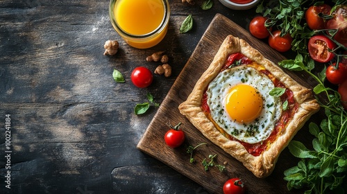 Breakfast dish with egg, tomatoes, and herbs on a wooden table with orange juice