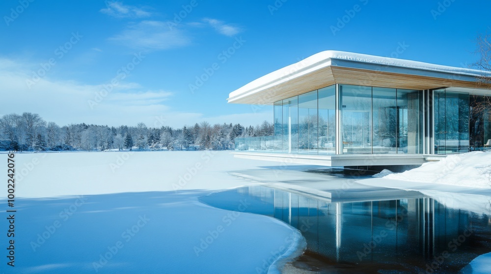 Modern Glass House on Frozen Lake with Snowy Trees Modern Glass House on Frozen Lake with Snowy Trees