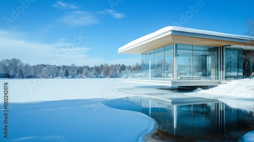 Modern Glass House on Frozen Lake with Snowy Trees