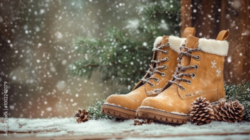 Warm brown winter boots on a snowy wooden surface surrounded by pine branches...