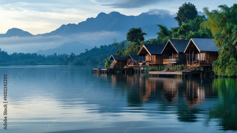 Fototapeta premium A tranquil morning at Huay Tung Tao Lake, with wooden huts lining the shore and mountains in the background.