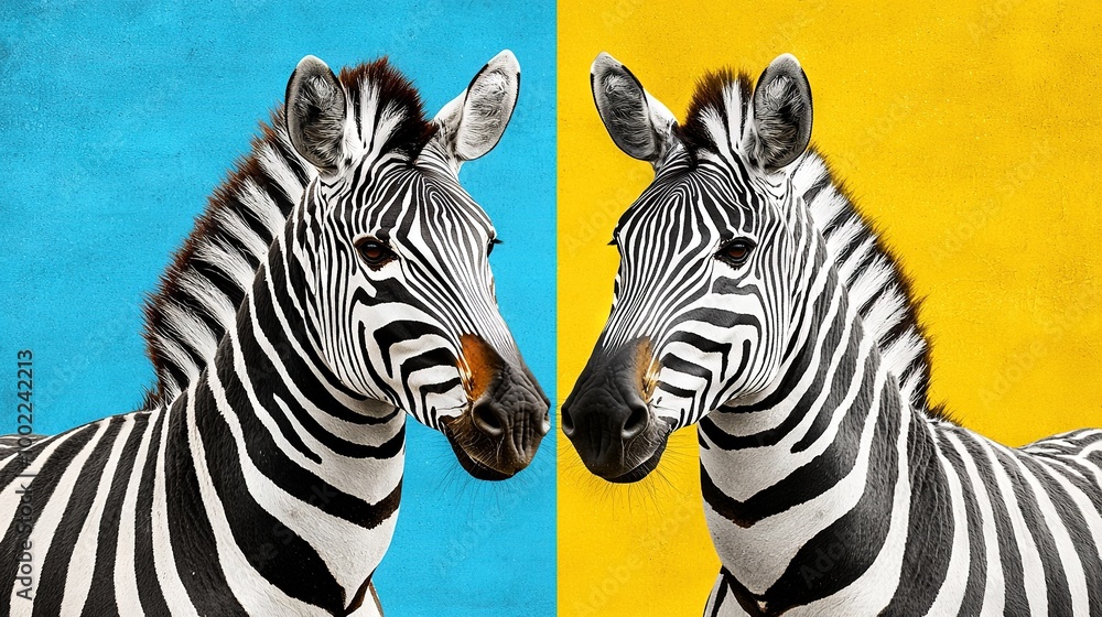 Naklejka premium Two zebras standing next to each other against a yellow-blue wall and another blue-yellow wall