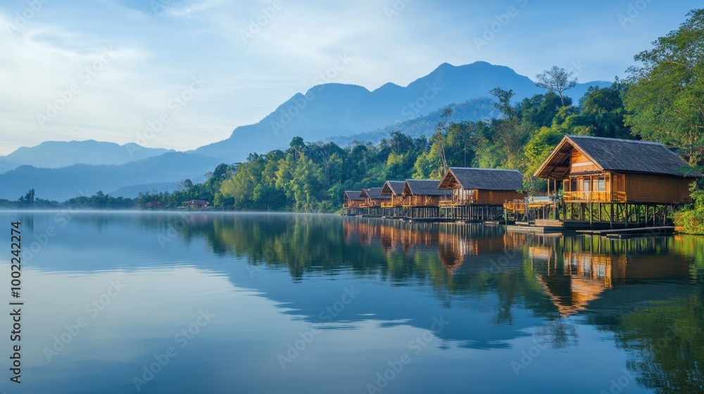 A tranquil morning at Huay Tung Tao Lake, with wooden huts lining the shore and mountains in the background. A tranquil morning at Huay Tung Tao Lake, with wooden huts lining the shore and mountains in the background.
