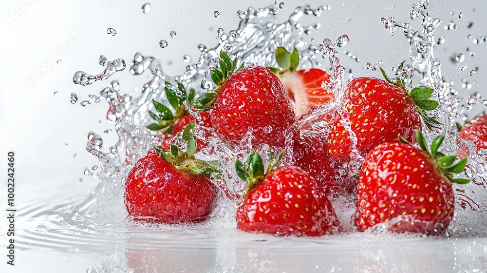 Strawberries splash into water, causing a splash on top Strawberries splash into water, causing a splash on top