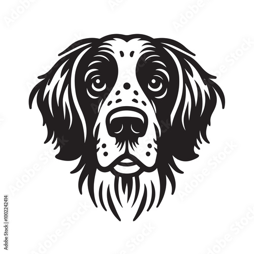 English Setter Dog Face Clipart Design - Dog Face Logo - English Setter Vector illustration in black and white