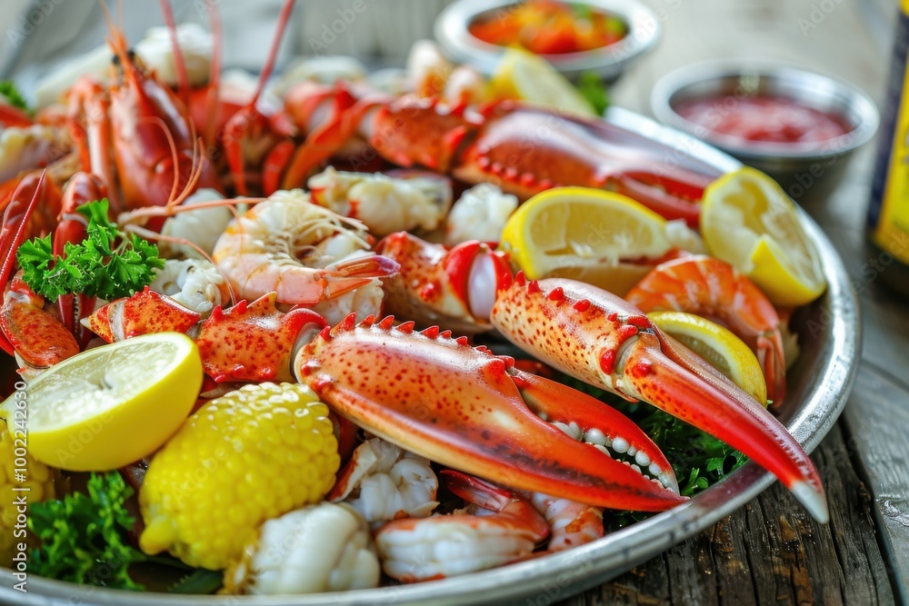 A platter of fresh seafood including shrimp, crab legs, and lobster A platter of fresh seafood including shrimp, crab legs, and lobster