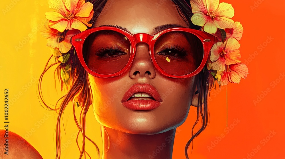 A Vibrant Portrait with Floral Headpiece on an Orange Background A Vibrant Portrait with Floral Headpiece on an Orange Background