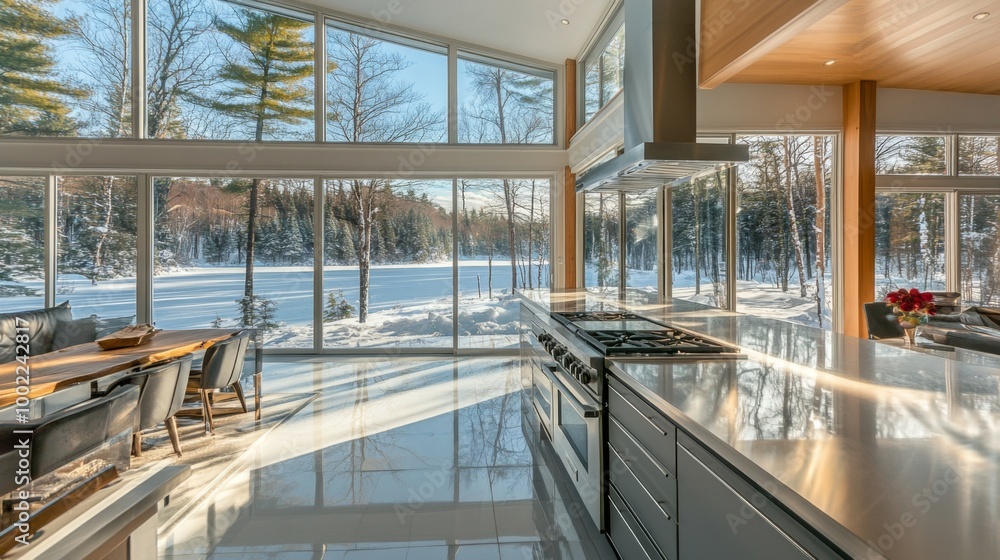 Fototapeta premium Modern Kitchen with Panoramic Winter Views