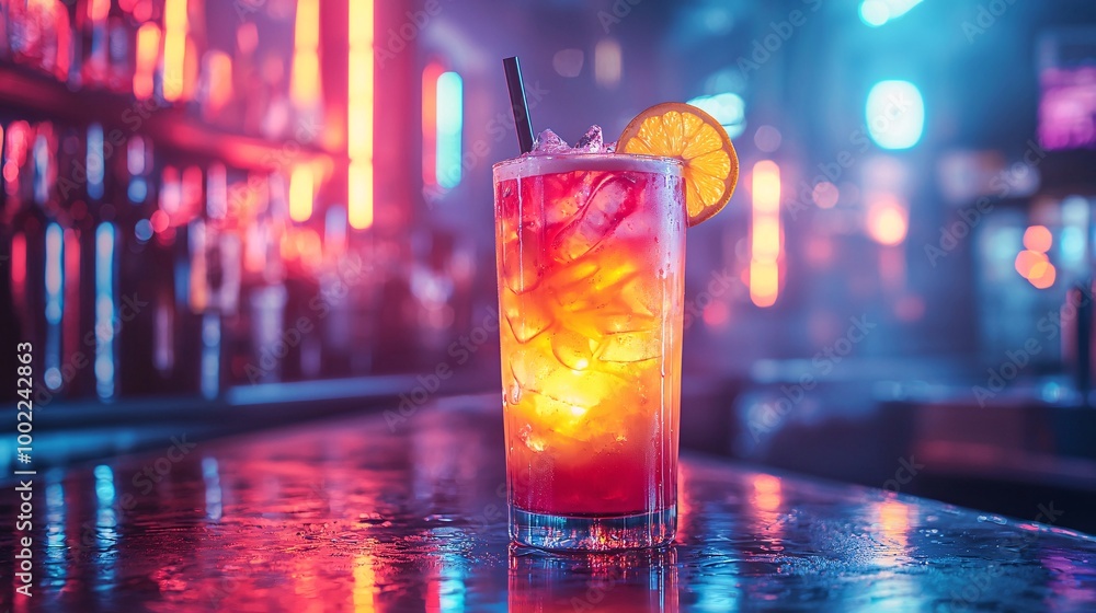 Vibrant Layered Cocktail on Bar Top Under Neon Lights Vibrant Layered Cocktail on Bar Top Under Neon Lights