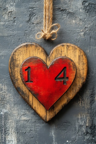 Handcrafted wooden heart decoration with the numbers 1 and 4 hanging on a textured wall photo