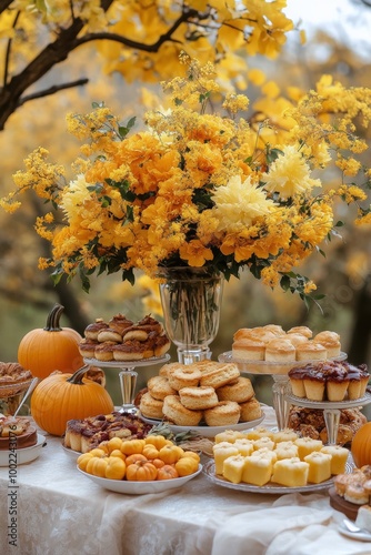 Autumn celebration with a vibrant display of treats and flowers in a scenic o...