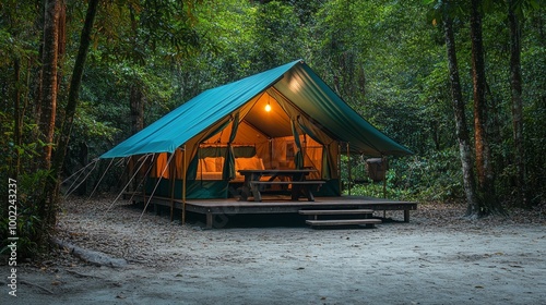 Cozy tent set up in a serene forest at dusk